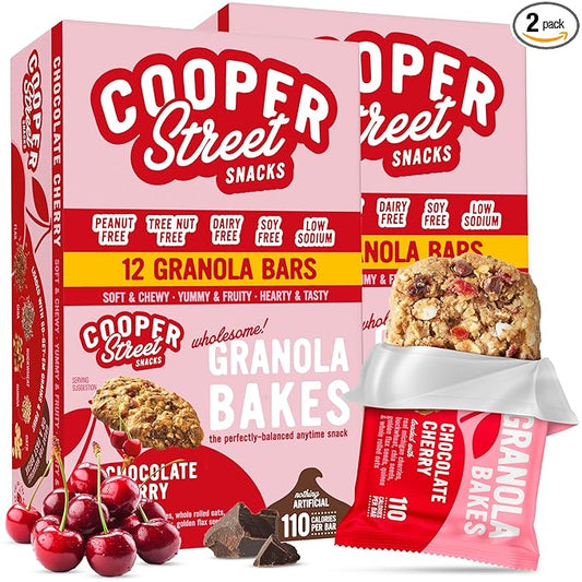 Cooper Street Chocolate Cherry Granola Bakes (24 pack) - Individually Wrapped Soft and Chewy Breakfast Granola Bars - Nut, Dairy & Soy Free - Great As Kids Snacks For School, Hiking Or Lunchbreak