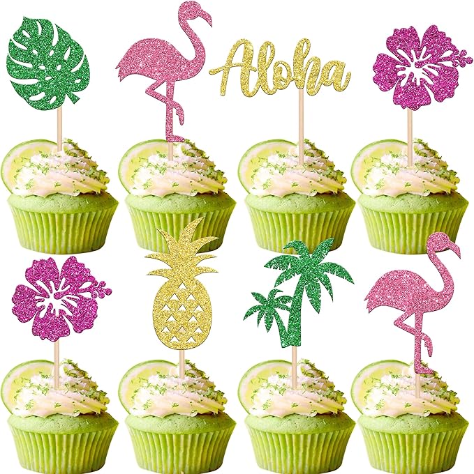 24 Pack Tropical Cupcake Toppers Aloha Luau Cupcake Picks Glitter Flamingo Plam Leaves Pineapple Cupcake Decorations for Summer Baby Shower Birthday Wedding Party Cake Supplies