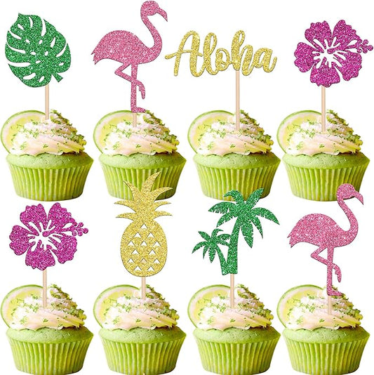 24 Pack Tropical Cupcake Toppers Aloha Luau Cupcake Picks Glitter Flamingo Plam Leaves Pineapple Cupcake Decorations for Summer Baby Shower Birthday Wedding Party Cake Supplies