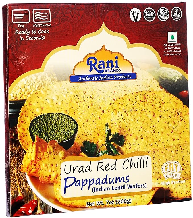 Rani Pappadums (Indian Lentil Wafer Snack) Red Chilli Papad 7oz (200g) Approximately 15pc, 7 inches ~ All Natural | Gluten Friendly | NON-GMO | Vegan | Indian Origin