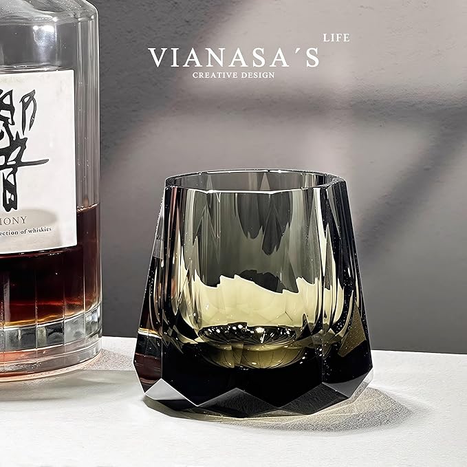 Crystal Whiskey Glass, Geometric Cut Design, Smoke Gray, 300ml Premium Cocktail Tumbler (gray)