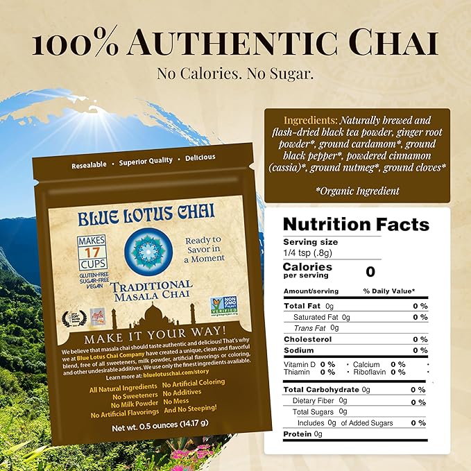Blue Lotus Chai - Traditional Masala Chai - Makes 17 Cups - 0.5 oz Pouch Masala Spiced Chai Powder with Organic Spices - Instant Indian Tea No Steeping - No Gluten