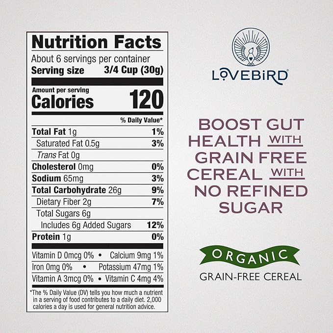 Lovebird Organic Gluten Free Cereal, Cocoa Flavor ??Prebiotic Fiber, Gut Health, Low Sugar, Grain Free, Breakfast or Snack ??Healthy Cereal Made With Real Food, 3 Pack