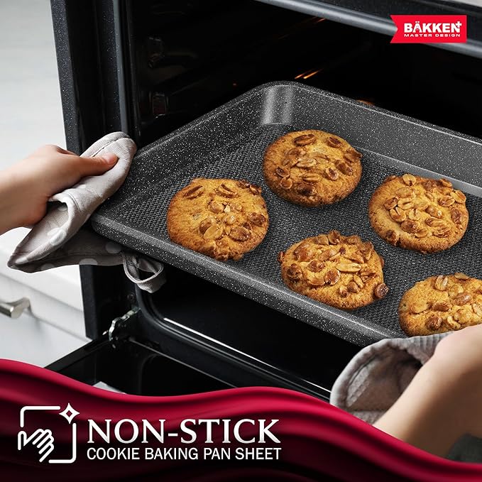 BAKKEN Kitchen Baking Pans - Nonstick Gray Coating, 13.58’’ × 9.65’’ Commercial Grade Carbon Steel Cookie Sheet, Diamond Texture Bottom, PFOA, PFOS, PTFE Free, Oven Safe Tray (450°F), Gray Marble