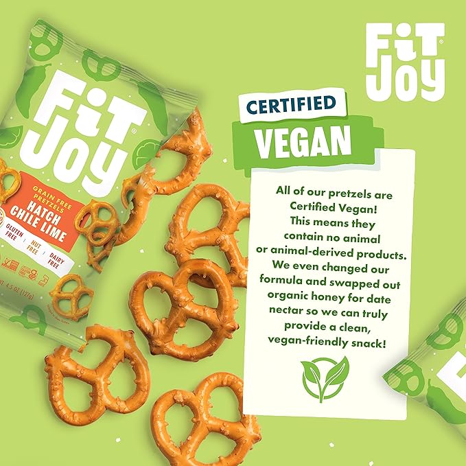 FitJoy Hatch Chile Lime Pretzels (Pack of 6, 5 Oz) - Dairy, Nut & Gluten Free Snacks - Grain Free Cassava Root & Chickpea Flour Vegan Pretzel Twists - Classic Snack Pretzels for Moms and More