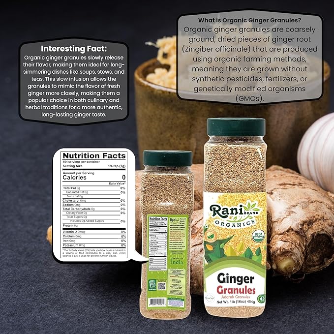 Rani Organic Granulated Ginger (Adarak Granules) 16oz (1lb) 454g PET Jar ~ All Natural | Gluten Friendly | Vegan | NON-GMO | Kosher | No Salt or fillers | Indian Origin | USDA Certified Organic