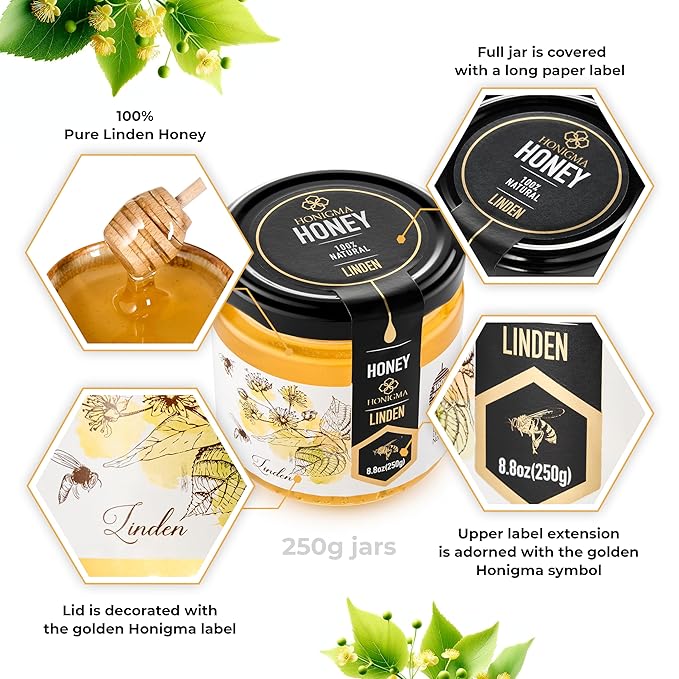 HONIGMA® Raw Linden Honey | Exquisite Taste | 100% Pure | Unpasteurized | Unfiltered | Partially crystallized | 250g/8.8oz