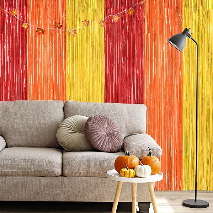 2 Pack Thanksgiving Backdrop, 3.28 FT x 7.05 FT Red Orange Gold Party Streamer, Metallic Fringe Curtains Foil Streamer Tinsel Backdrop, Thanksgiving Party Decorations Photo Props Wall Decor