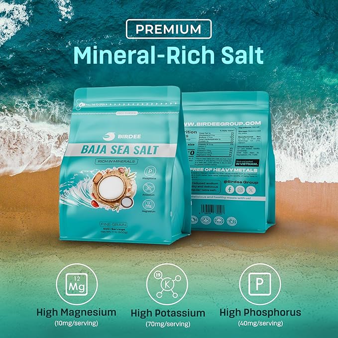 Birdee Baja Fine Ground Mineral Sea Salt, 17.6 oz ??Unrefined, Low Sodium, 90 Trace Minerals, Hand Harvested, Salt for Cooking, Hydration, Electrolytes, Keto & Paleo Friendly