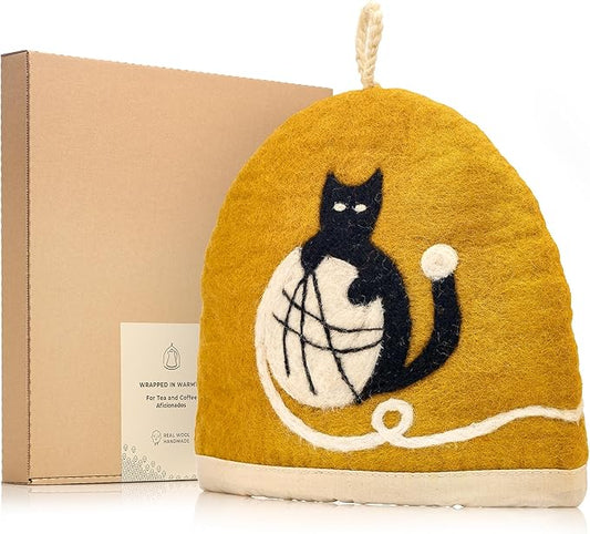 Tea Cozy for Teapot Large - Keep Your Brew Warm and Stylish with This Felted Tea Cosy, Enhancing Flavor and Aesthetics - Fits 6-Cup Teapot & 34oz French Press (Black cat, ocher)