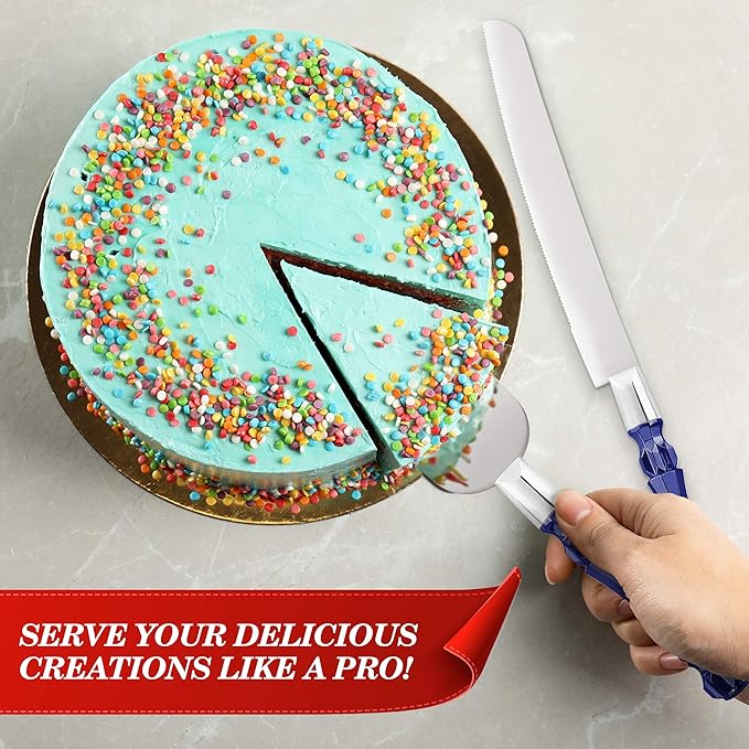 Cake Knife and Server Set, Cake Cutter and Pie Spatula, Cake Server and Knife Set with Acrylic Crystal Handles, Cake Cutting Set for Wedding Cake ??1.2mm Thick Blades, Birthdays, and Parties (Blue)
