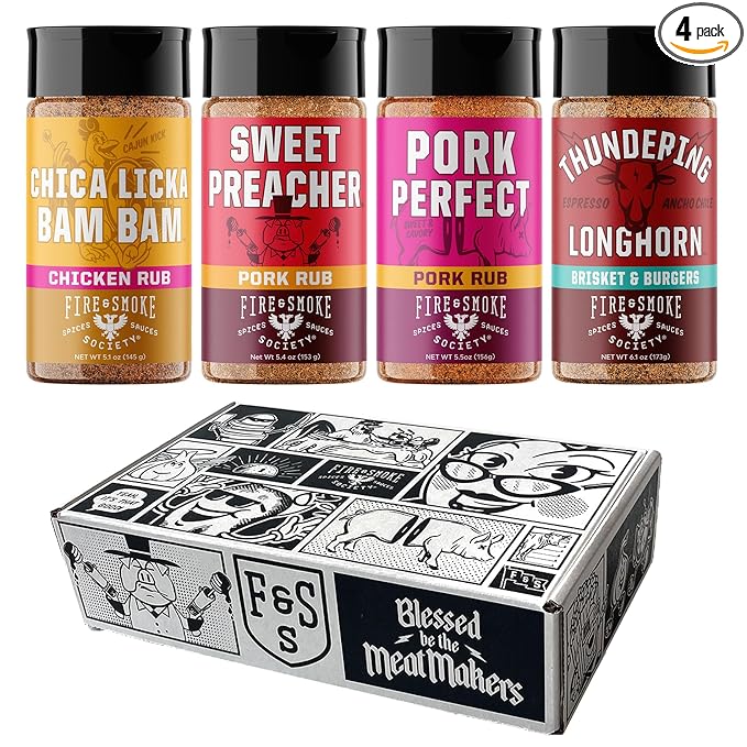 Fire & Smoke Society Flavor Core Variety Pack | BBQ Rubs and BBQ Seasonings for Smoking and Grilling | Fathers Day | Large Spices Set (4-Pack)