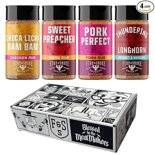 Fire & Smoke Society Flavor Core Variety Pack | BBQ Rubs and BBQ Seasonings for Smoking and Grilling | Fathers Day | Large Spices Set (4-Pack)