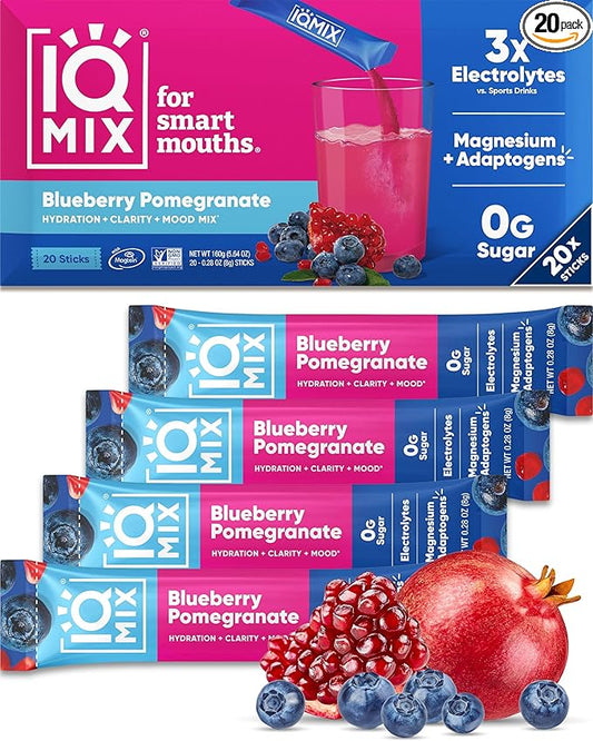 IQMIX Hydration Electrolyte Powder ??4-in-1 Formula for Hydration, Mental Clarity, Mood and Recovery ??Sugar-Free Drink Mix, Keto, Magnesium L-Threonate, Lion?™s Mane ??20 Count Blueberry Pomegranate
