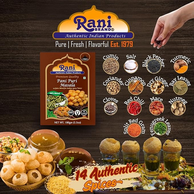 Rani Pani Puri Masala (14-Spice Blend for Indian Spicy Water) 3.5oz (100g) ~ All Natural | Vegan | No Colors | Gluten Friendly | NON-GMO | Indian Origin, gol gappa