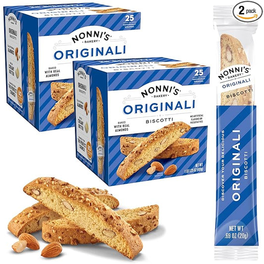 Nonni's Originali Classic Almond Biscotti Cookies ??Individually Wrapped Italian Coffee Snack, Crunchy Twice-Baked, 80 Cal Each, 17.25 oz Carton, 2 Pack