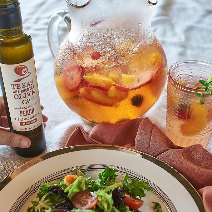 Peach Balsamic Vinegar - Gourmet Barrel Aged Infused Balsamic Vinegar - Great for Dressing Dipping Glazing - No Artificial Flavors or Added Sugar - Made in Texas (8.5 oz)