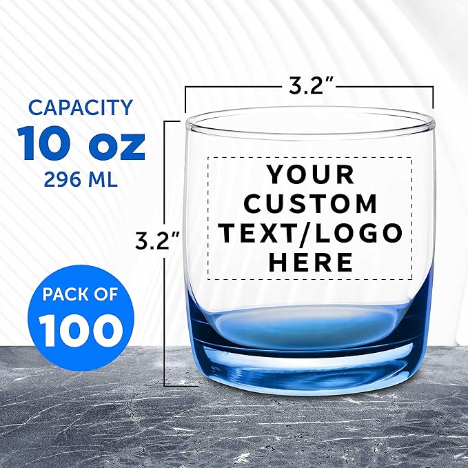 DISCOUNT PROMOS Custom Whiskey Glasses 10 oz Set of 100, Personalized Bulk Pack - Heavy Base Old Fashioned Glass, Perfect for Scotch, Bourbon, Whiskey, Cocktail - Blue Bottom Color