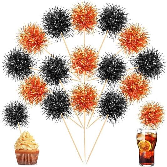 Chinco 100 Pcs Foil Firework Cupcake Toppers Sparkle Tinsel Cake Toppers Cake Decoration Cocktail Fruit Toothpick for Birthday Wedding Graduation Party(Orange, Black)