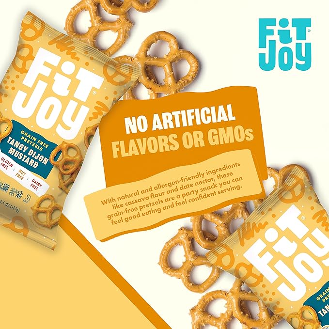 FitJoy Tangy Dijon Mustard Pretzels (Pack of 6, 4.5 Oz) - Dairy, Nut & Gluten Free Snacks - Grain Free Cassava Root & Chickpea Flour Vegan Pretzel Twists - Tangy Snack Pretzels for Children & More