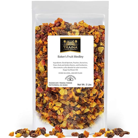 Traina Home Grown Sun Dried Baker?셲 Fruit Medley - Diced Peaches, Cranberries, Apricots, Pears, Nectarines, and Raisins - Non GMO, Gluten Free, Packed in Resealable Pouch (2 lbs)