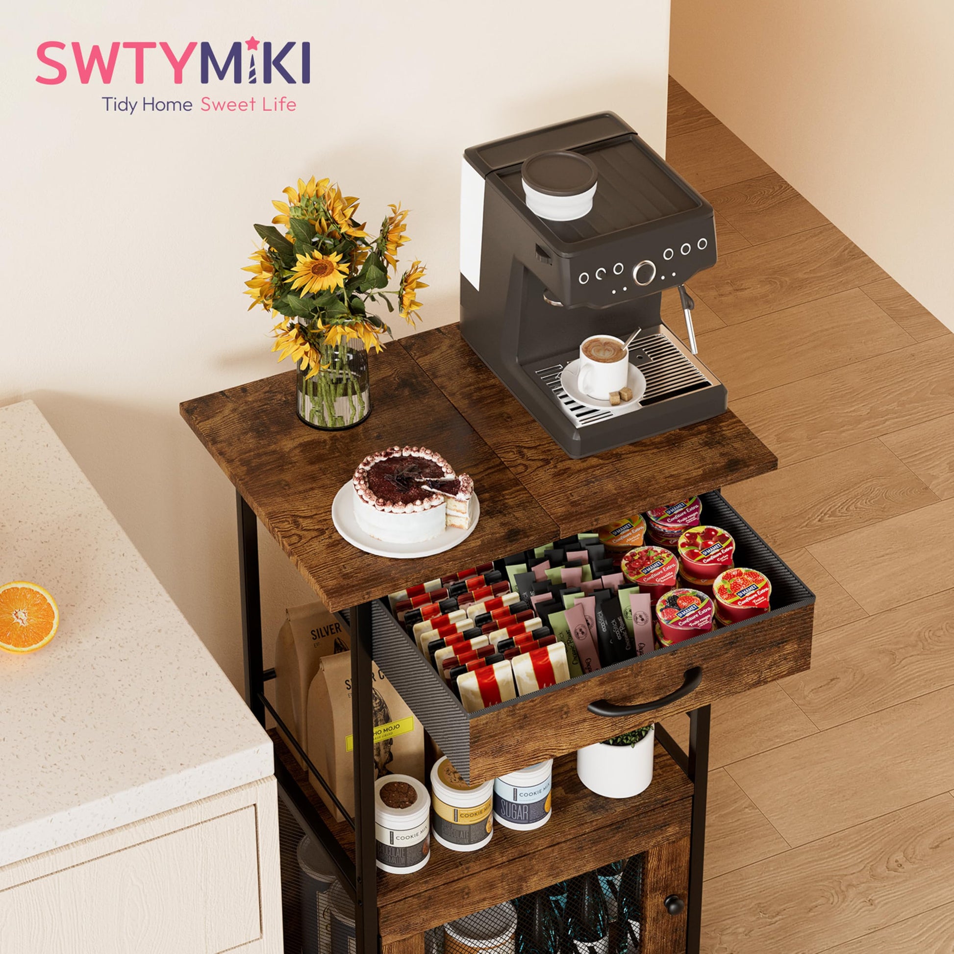SWTYMIKI Buffets Coffee Bar Cabinet - Rolling Kitchen Rack, Farmhouse Small Coffee Stand with