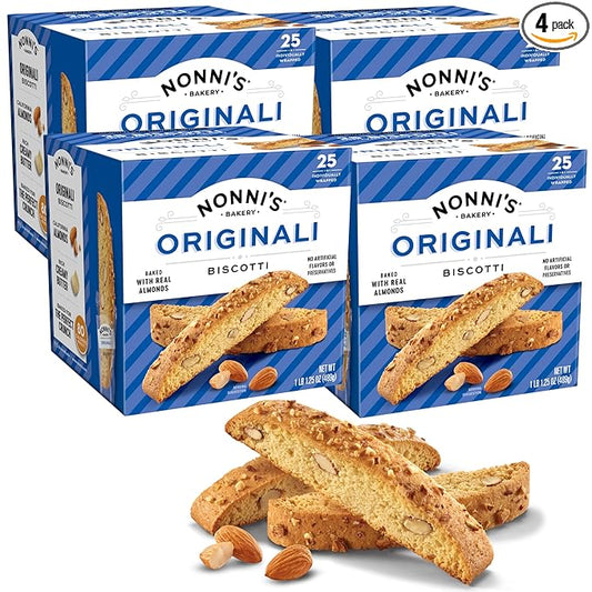 Nonni's Originali Classic Almond Biscotti Cookies ??Individually Wrapped Italian Coffee Snack, Crunchy Twice-Baked, 80 Cal Each, 17.25 oz Carton, 4 Pack