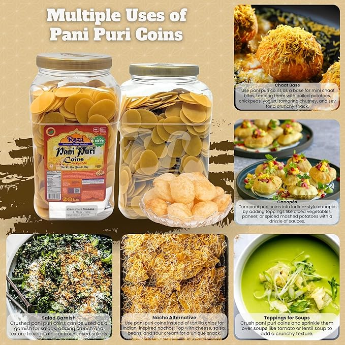 Rani Pani Puri Coins (Uncooked, Microwaveable Wheat Semolina Coins) 64oz (4lbs) w/Pani Puri Masala (14-Spice Blend for Indian Spicy Water) 1.75oz (50g) ~ All Natural | Vegan | NON-GMO | Kosher