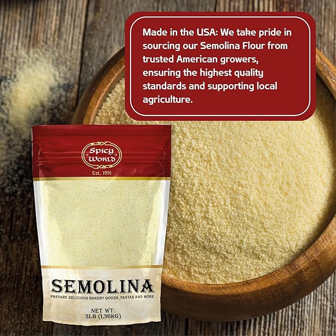 Spicy World Semolina Flour 3 LB (48 Ounce) | USA Grown Semolina for Pizza, for Pasta, and Bread Making | Fine Ground, Bulk Yellow Durum Semola Flour for Pizza Peel