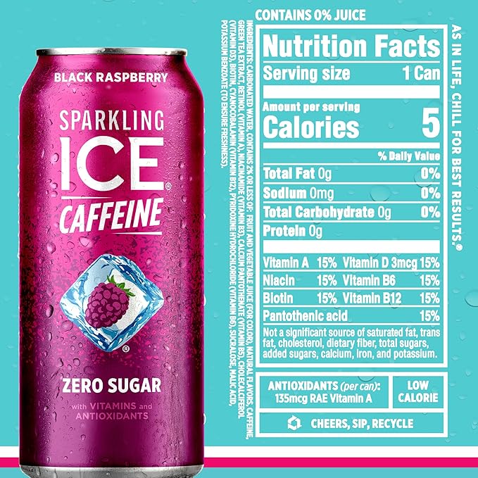Sparkling Ice Caffeine Variety Pack, Flavored Sparkling Water, Zero Sugar, with Vitamins and Antioxidants, 16 fl oz, 12 count (Citrus Twist, Black Raspberry, Blue Raspberry, Strawberry Citrus)