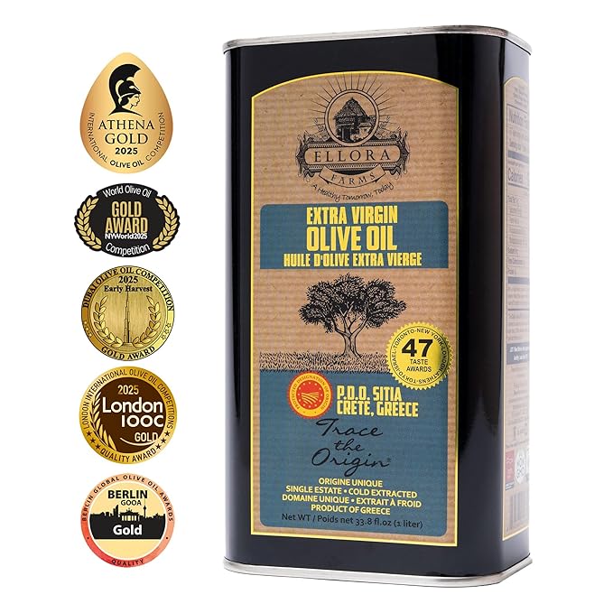 Ellora Farms, Greek Extra Virgin Olive Oil, Certified PDO SITIA, Single Estate, Single Origin, Single Variety, Cold Press & Traceable Olive Oil, Crete, Greece, Kosher, 1 Lt Tin (33.8 oz.)