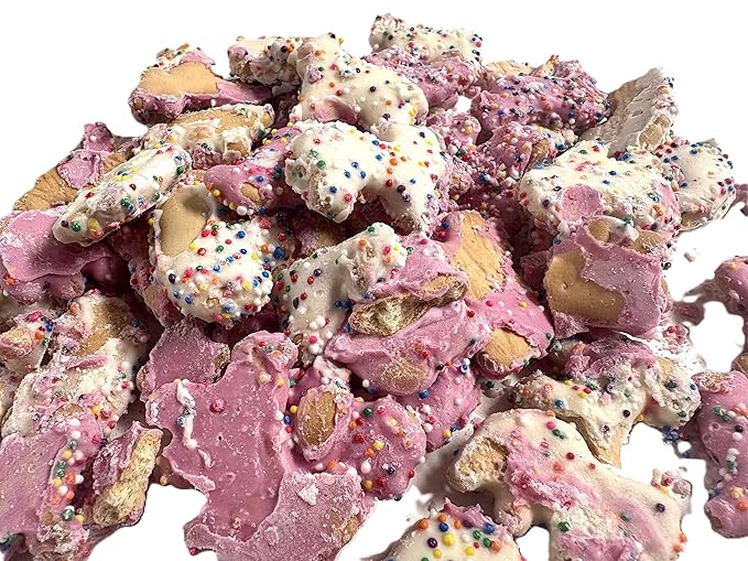 Pink and White Yogurt Coated Animal Crackers - 1 lb of Fresh Gourmet Sweet Creamy Covered Dipped Animal Crackers with Rainbow Non Pareil Beads in Resealable Bag