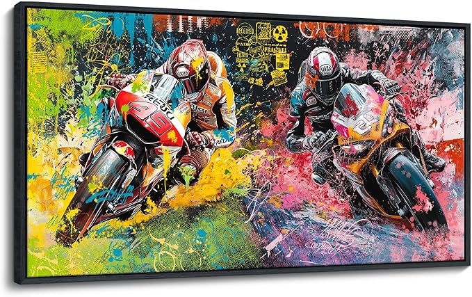JEAWA Framed Canvas Wall Art - Large Abstract Painting Decor, Motorcycle Racing Color Graffiti Pictures, Modern Art Prints for Bedroom Living Room Bathroom Home Decoration, 29x58 IN