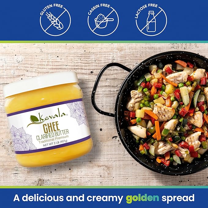 Kevala Ghee ??Ghee Butter ??Grass Fed ??Spreadable Butter ??Ghee Clarified Butter ??Butter Spread ??Lactose Free ??Gluten Free ??Casein Free ??2 lb ??907 gr