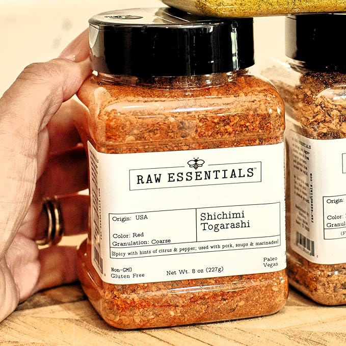 Raw Essentials Shichimi Togarashi Japanese Spice Blend with Spicy, Citrusy, and Peppery Notes - for Ramen, Sushi, Pork Dishes, Soups and Marinades - Non-GMO, Gluten Free, Paleo and Vegan - 8 oz Bottle