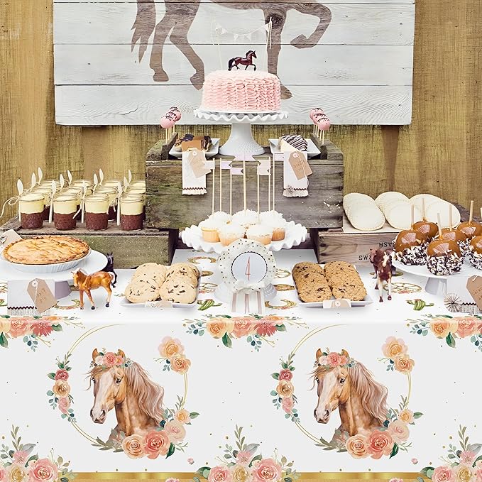 3Pcs Horse Tablecloths Gold Cowgirl Horse Birthday Table Covers, Western Girl Themed Party Decorations Plastic Disposable Rectangular Table Cloth Decor for Kids Birthday Baby Shower