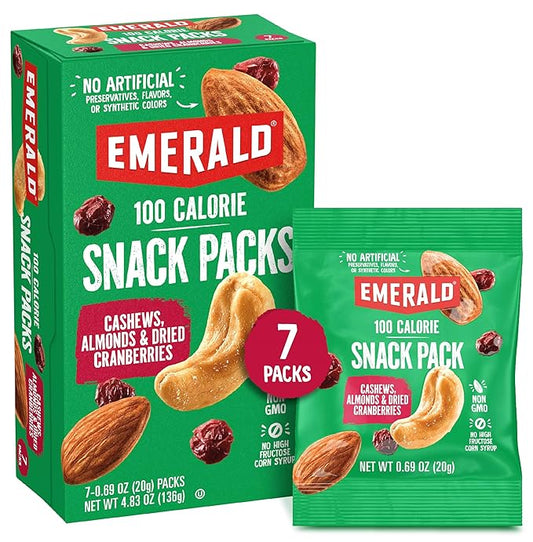 Emerald Nuts Cashews and Almonds with Dried Cranberries 7 Ct (1-Pack) | 100-Calorie Individual Packs of Nut Blend and Dried Fruit | Kosher Certified, Non-GMO, Contains No Artificial Preservatives, Flavors or Synthetic Colors