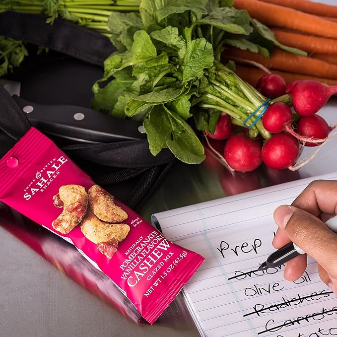 Sahale Snacks Pomegranate Vanilla Cashews, 1.5 oz Bags (18 Packs) - Dry-Roasted Deluxe Mixed Nuts with Pomegranate Infused Apples & Madagascar Vanilla - Non-GMO, Kosher, & Certified Gluten-Free Snacks