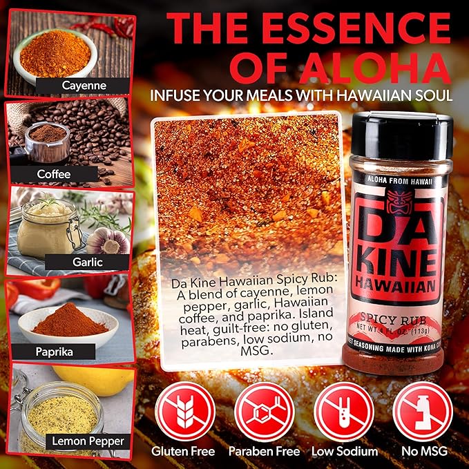 Da Kine Hawaiian Premium BBQ Dry Rub Seasoning - Authentic BBQ Seasoning Blend, Perfect Gourmet Rub Spices for Smoking, Grilling & Cooking - Gluten-Free, Low Sodium, No MSG - Spicy Flavor (4 oz - 3 Pack)
