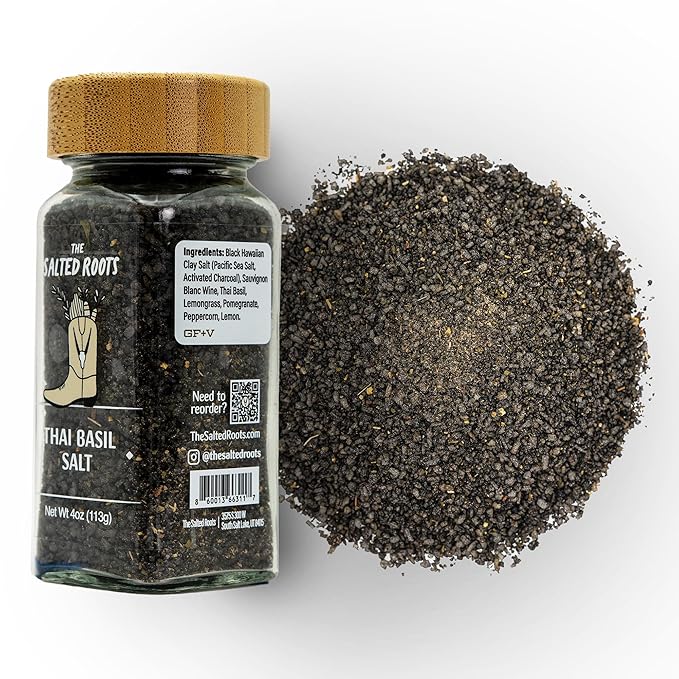 The Salted Roots - Smoked Thai Basil Salt - Infused with Thai Basil, Sauv Blanc, Lemongrass & Pomegranate - Applewood Smoked Black Hawaiian Salt - For Gourmet Cooking & Cocktails - 4oz