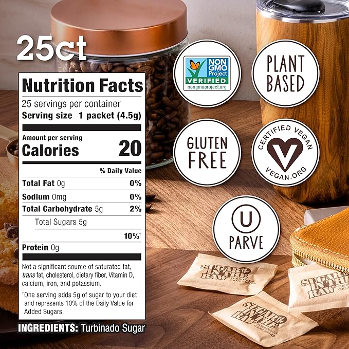 Sugar In The Raw Turbinado Cane Sugar Packets, 25 Ct, Pure, All-Natural Turbinado Sugar, Non-GMO Project Verified, Kosher, Vegan and Gluten Free