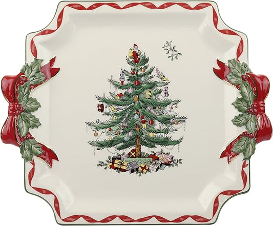 Spode Christmas Tree Ribbons Square Platter with Bow Handles - 11-Inch Holiday Serving Plate for Desserts, Appetizers, and Treats - Festive Christmas Dinnerware with Gold Accents - Dishwasher Safe