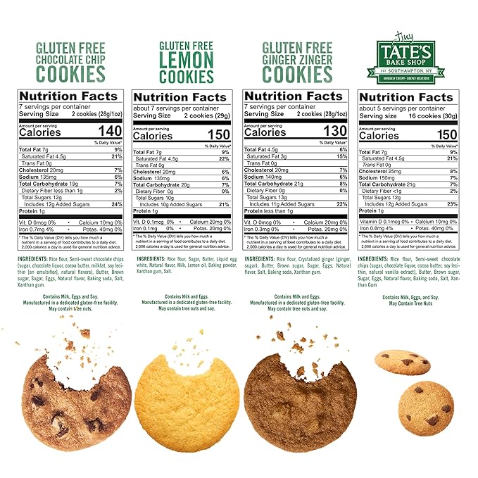 Tate's Bake Shop Gluten Free Cookies Variety Pack, Lemon, Ginger Zinger, Chocolate Chip, and Tiny Chocolate Chip Cookies, 4 Bags