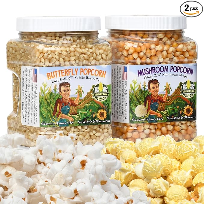 Princeton Popcorn Mushroom & Butterfly Hulless Popcorn Kernels - Half & Half Combo Duo, Easy-Eating, Farm Grown Popping Corn, Non-GMO Popcorn Kernels, No Hulls, Direct from Farmer, Microwave Air Popper or Stovetop 2-Pack 2lb Bag 64oz