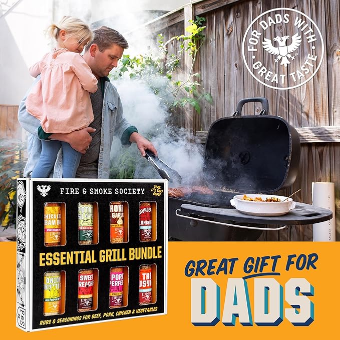 Fire & Smoke Society Essential Grill Variety Pack | BBQ Rubs and Seasonings, Grilling Gifts for Fathers Day, Mens Gifts | Steak Seasoning, Chicken, Burgers, Pulled Pork | Large Spices Set (8-Pack)