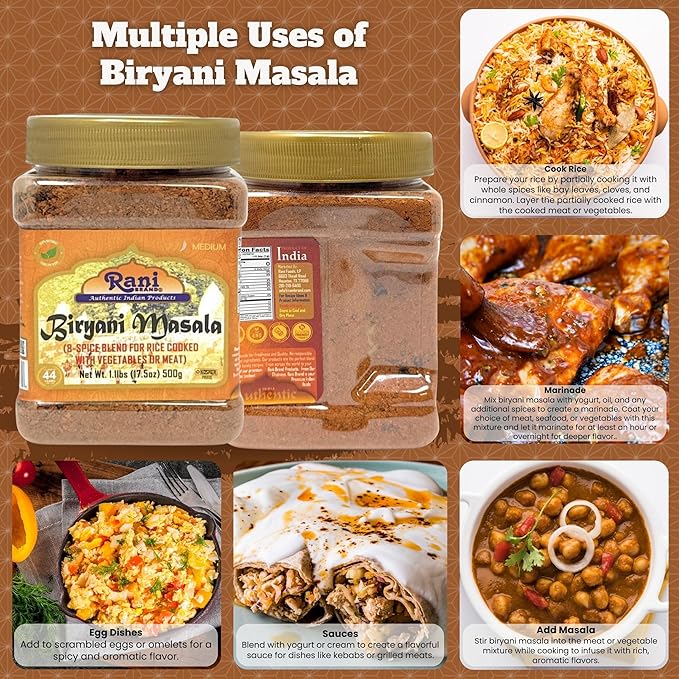 Rani Biryani Masala Curry (7-Spice Blend for Indian Rice Dishes, Pullao/Pilau) 17.5oz (1.1lb) 500g PET Jar ~ All Natural | Vegan | No Colors | Gluten Friendly | NON-GMO | Kosher | Indian Origin