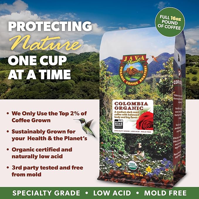 Low Acid Organic Coffee ??Whole Bean, Mold-Free & Stomach Friendly by Java Planet, Colombian Single Origin Coffee, Medium Dark Roast, Smooth Full Flavored, 1LB Bag