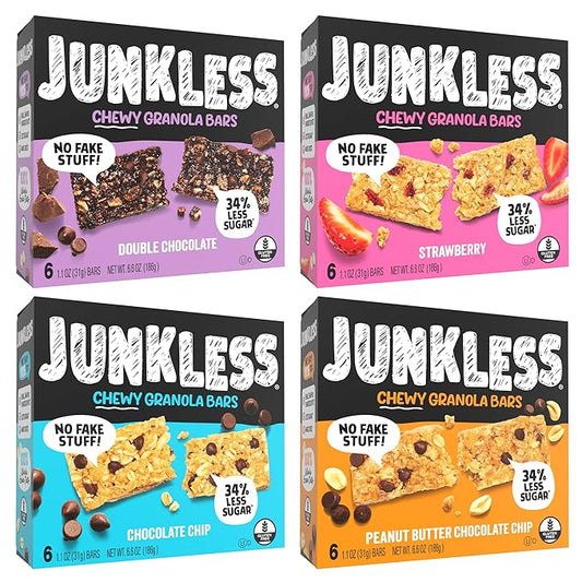 JUNKLESS Chewy Granola Bar 4?멑lavor Variety Pack (24 Bars)?밡on?멒MO, Gluten?멑ree, Less Sugar Snack Bars??Chocolate Chip, Double Chocolate, Peanut Butter Chocolate Chip & Real Strawberry, 4 Boxes