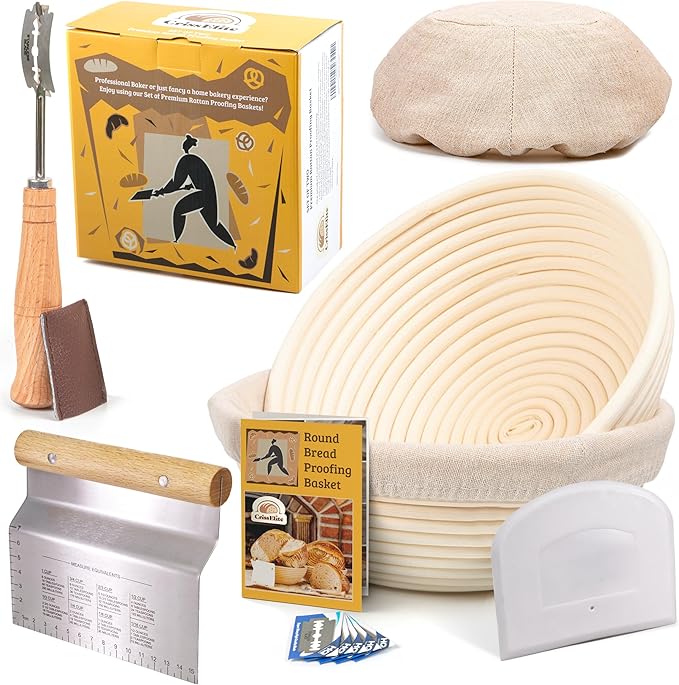 Sourdough Bread Baking Supplies Starter Kit, Banneton Proofing Basket Round 9" Set of 2, Perfect Basket Gift Set