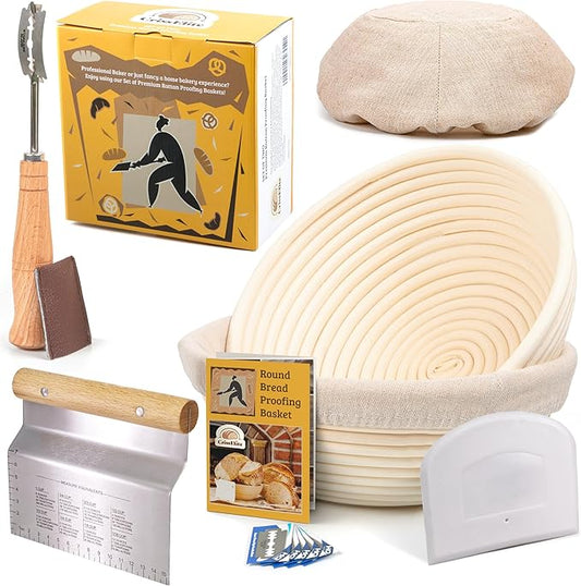 Sourdough Bread Baking Supplies Starter Kit, Banneton Proofing Basket Round 9" Set of 2, Perfect Basket Gift Set